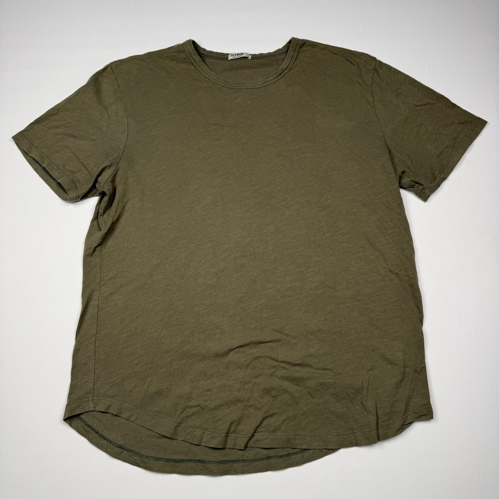 Buck Mason Shirt Mens Large Green Crewneck Jersey Tee Curved Hem Made USA